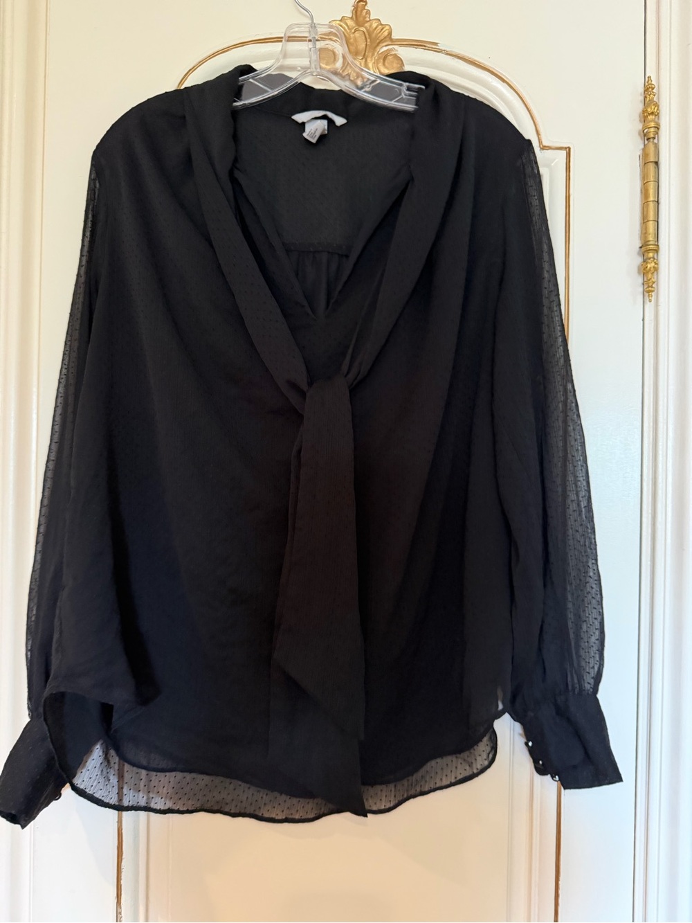 Black Tie-Neck Semi-Sheer Dotted Sleeve Blouse - Women